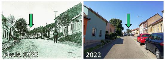 Poslední hrušně ze stromořadí na ulici Trnkova - strom stojící před domem č. 56 zachycen na snímku z 30. let 20. století a v současnosti.